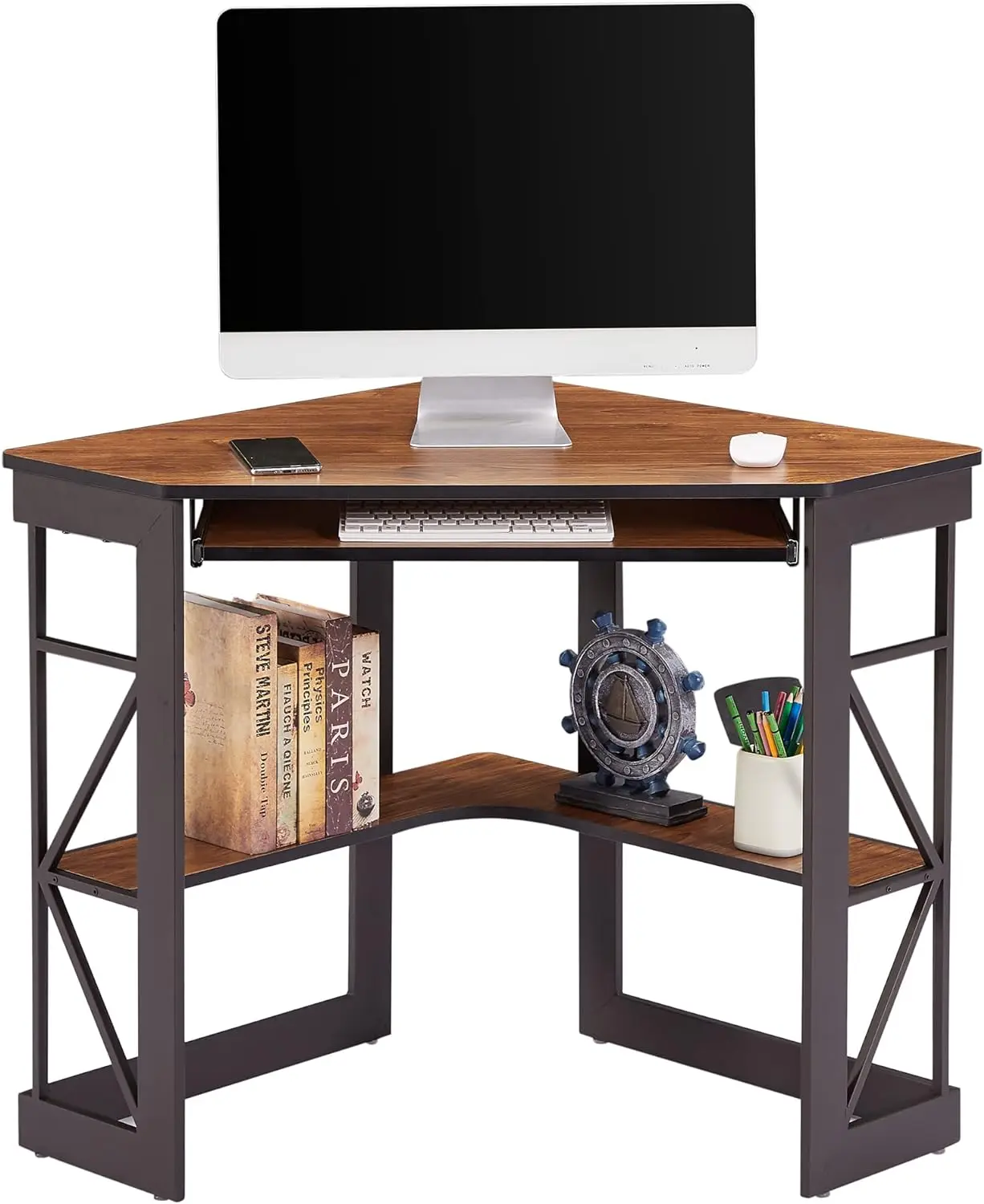 VECELO Corner Computer Desk Writing Smooth Keyboard Tray & Storage Shelves,Compact Home Office Triangle Table, Teak Brown 
VECELO Corner Computer Desk Writing Smooth Keyboard Tray & Storage Shelves,Compact Home Office Triangle Table, Teak Brown