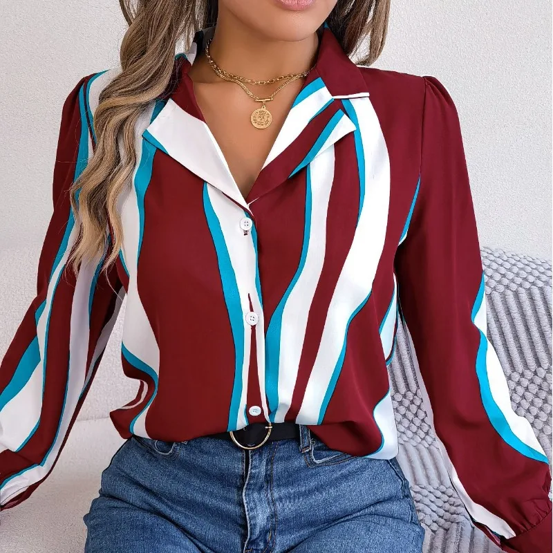 

Spring and Autumn Women's Polo Cardigan Contrast Stripes Geometric Printing Long Sleeve T-shirt Chiffon Shirt Office Lady Tops