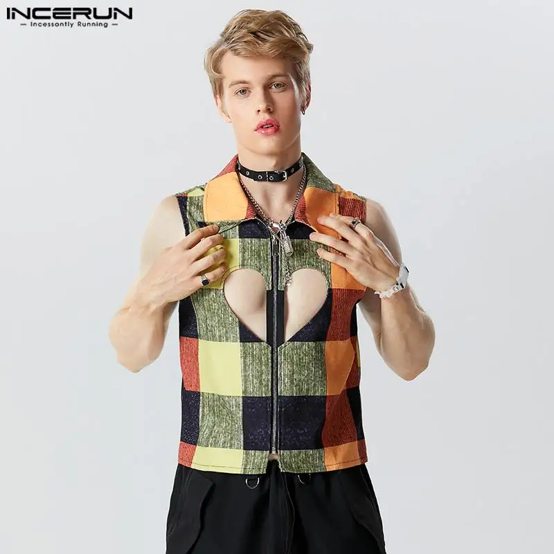 

INCERUN Tops 2024 Fashion Well Fitting Men's Hollowed Love Zipper Design Waistcoat Casual Block Splicing Sleeveless Vests S-5XL
