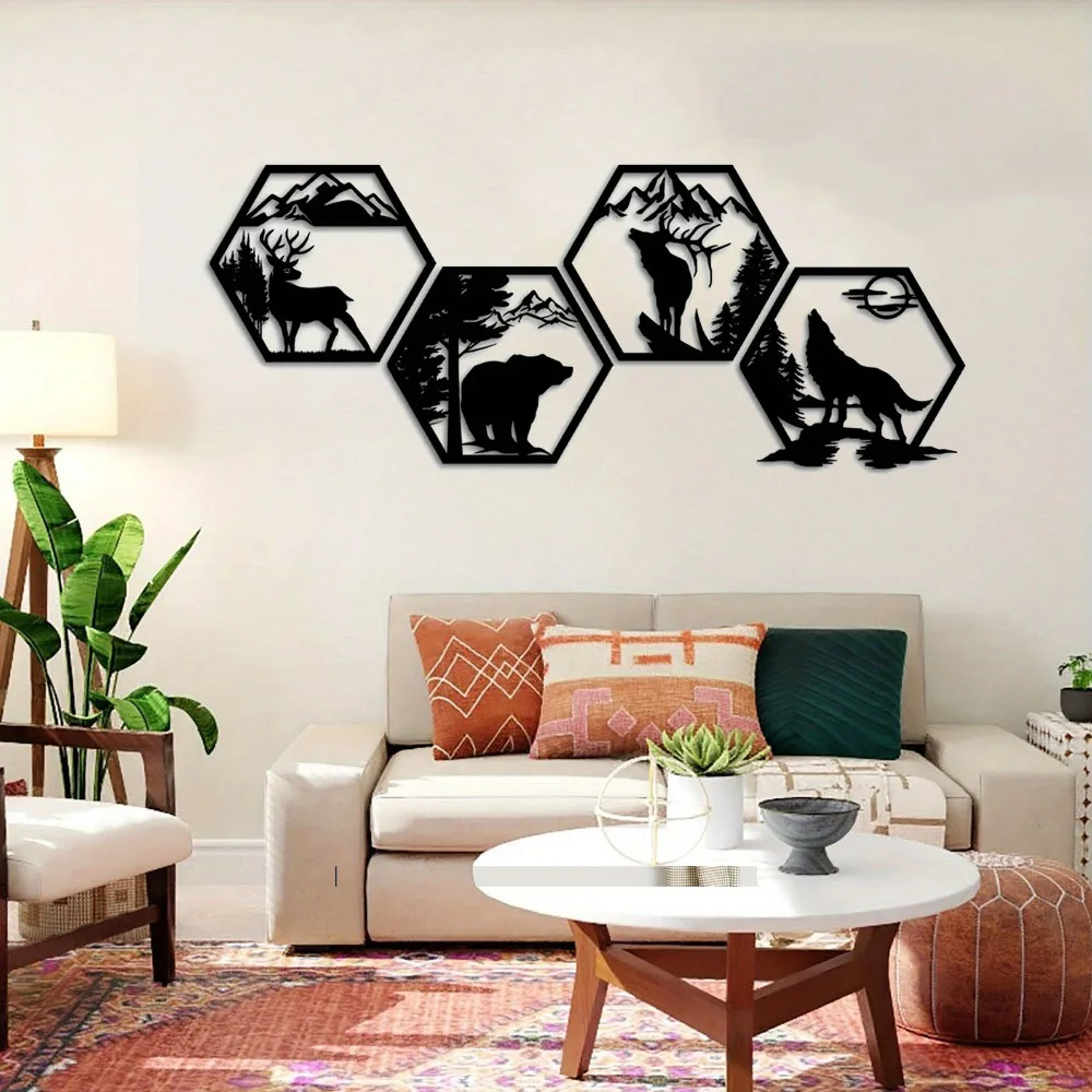 

Crafts 4pcs Decorative Frames Elk Deer Wolf Bear Hexagonal Metal Wall Sculpture Leaked , Rustic Forest Decor Wilderness Decor