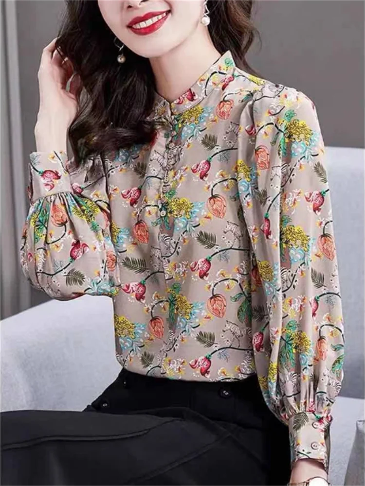 Свободная рубашка, Женский пуловер с рукавами-фонариками, женские блузки, высококачественный топ с принтом и воротником-стойкой, блузка на пуговицах, повседневная женская рубашка
Свободная рубашка, Женский пуловер с рукавами-фонариками, женские блузки, высококачественный топ с принтом и воротником-стойкой, блузка на пуговицах, повседневная женская рубашка