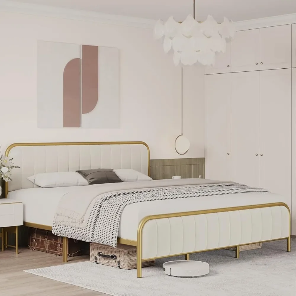 

Полноразмерная кровать с бархатной мягкой платформой, кровать с тяжелым основанием для матраса с золотой металлической рамой и планками, белого цвета