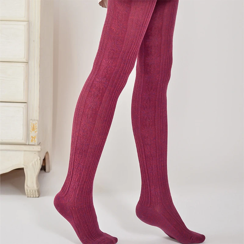 

Stylish Side Snowflake Jacquard Women's Pantyhose Autumn Warm Cotton Blend Double Needle Vertical Stripe Knit Bottom Tights