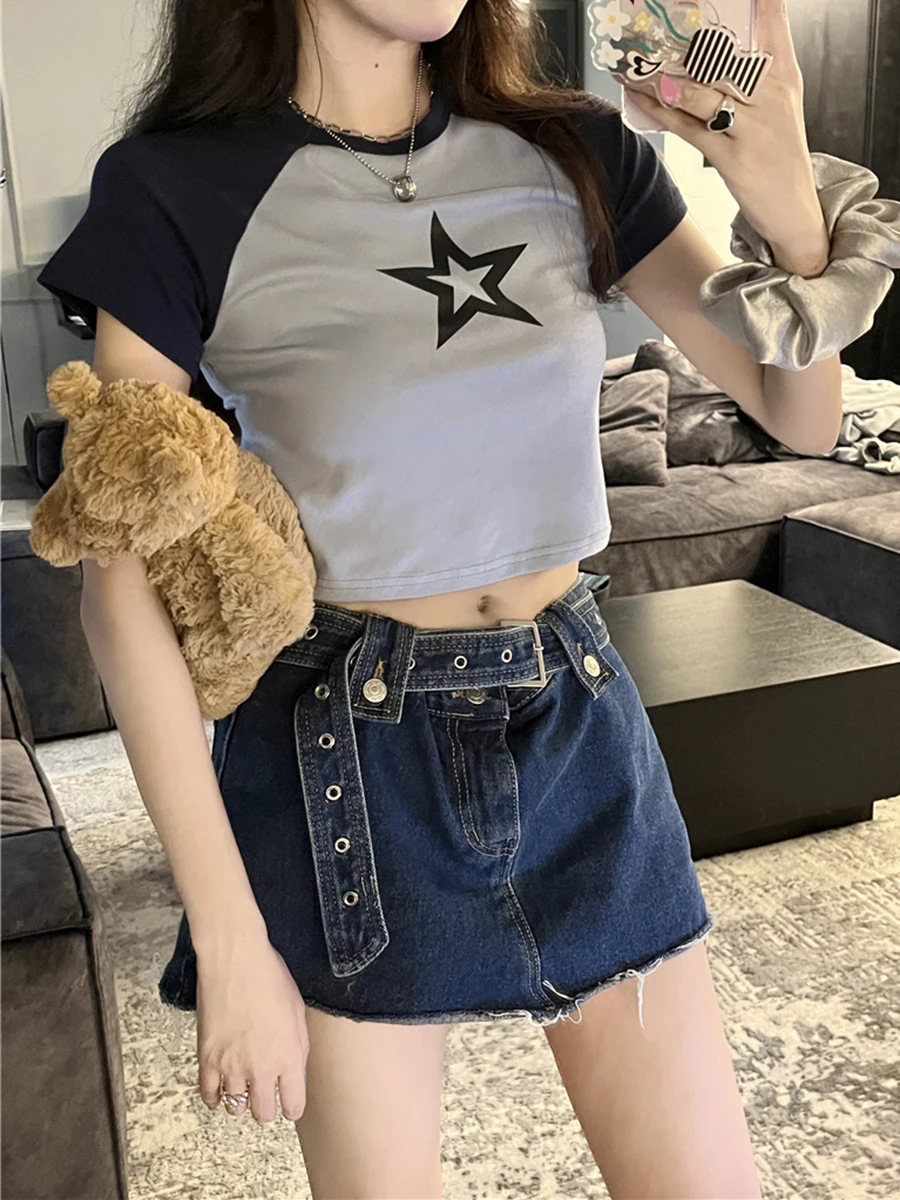 

Women Casual Short Sleeve Crop Tops Stars Contrast Color Rhinestone Round Neck T Shirt Y2k Teen Shirts Streetwear