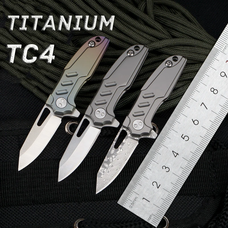 

Mini TC4 Titanium Handle Keychain Folding Pocket Knife D2 Damascus Steel Blade Outdoor Camping Survival Knives EDC Tool Gift