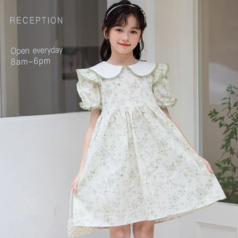 

Summer Floral Girls Dress New 2024 Puff Sleeve Cotton Print Girl Princess Dresses Flower Kids Party Dress Lapel Peter Pan Collar