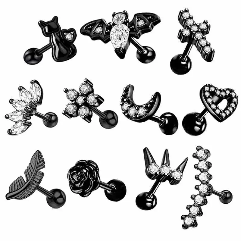 

wholesales black cartialge tragus earrings stainless steel hot sales body piercings helix barbell conch daith earrings stud mix