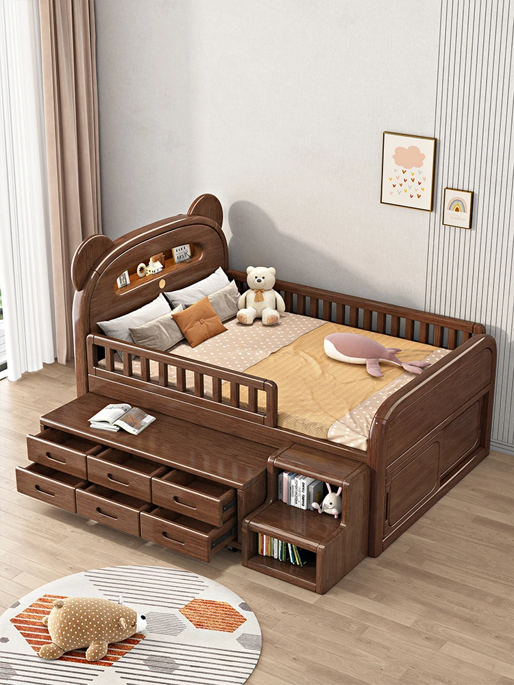 

Half-Height Bed Boy Guardrail Girl Room Storage Solid Wood Children's Bed Walnut