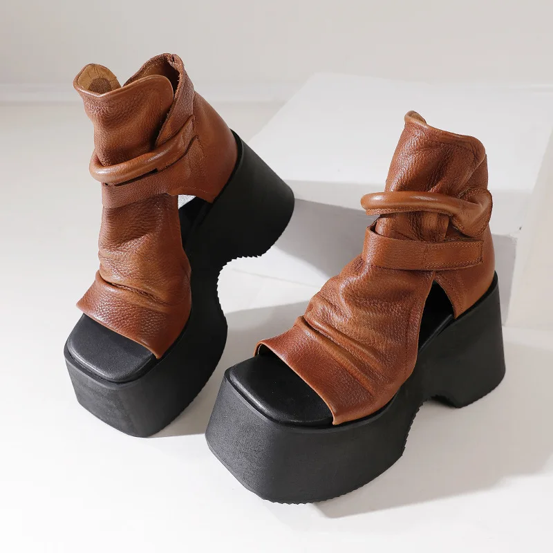 

Platform Women Sandals Pleated Decoration Solid Shoes Belt Buckle Sexy Style Square Toe High Heels Sandalias de Tacon Medio Para