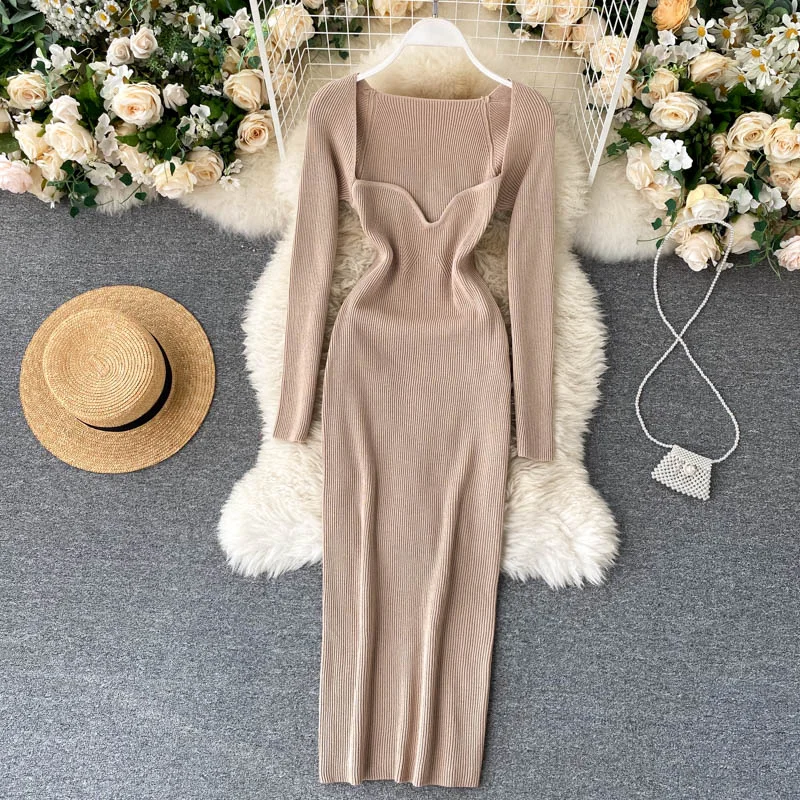 

Dresses for Women 2024 New Sexy Strapless Ribbed Knitted Bodycon Dress Women Winter Long Sleeve Midi Sweater Dress Clothes