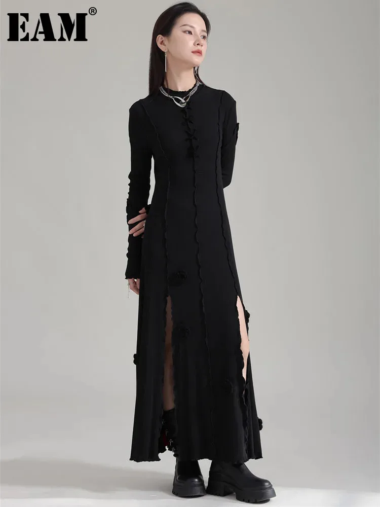 

[EAM] Women Black Flower Elegant Slit Long Dress New Turtleneck Long Sleeve Loose Fit Fashion Tide Spring Autumn 2024 1DH1870