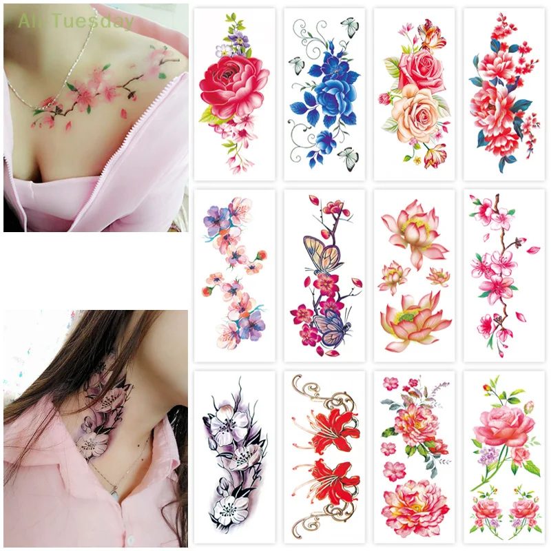 

Watercolor Peony Flower Temporary Tattoos For Women Adult Girl Rose Fake Tattoo Stylish Waterproof Arm Tattoos Sticker