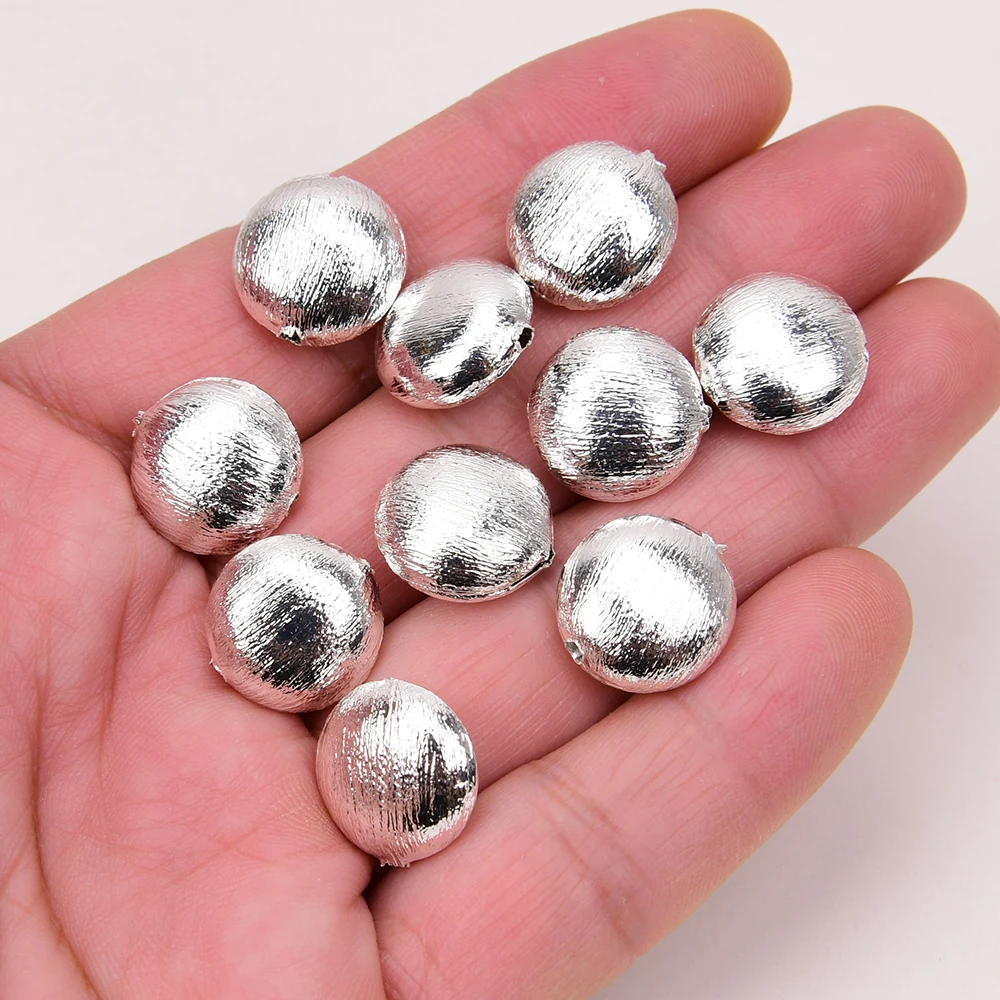 

APDGG Wholesale 10 Pcs 15mm Copper Coin Shape Brushed Beads Silver Color Plated Jewelry Findings DIY