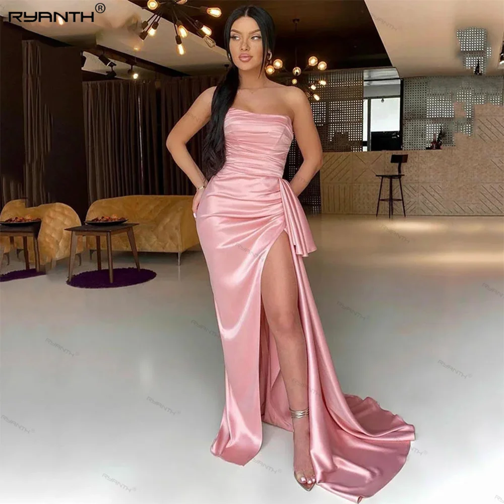 

Ryanth Side Split Mermaid Prom Dresses Pink Stain Pleat Evening Gown for Wedding Strapless Celebrity Party robe de soirée 2024