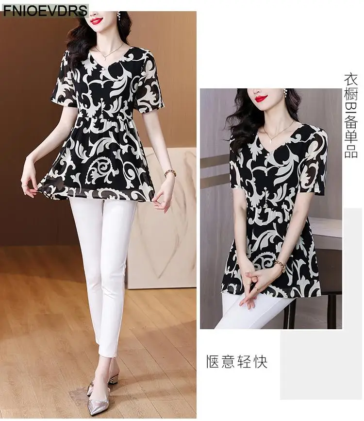 L-5XL Loose Clothes 2024 Women Summer Elegant Ruffles Button Shirts Retro Patchwork Black Floral Tunic Peplum Tops And Blouses L-5XL Loose Clothes 2024 Women Summer Elegant Ruffles Button Shirts Retro Patchwork Black Floral Tunic Peplum Tops And Blouses