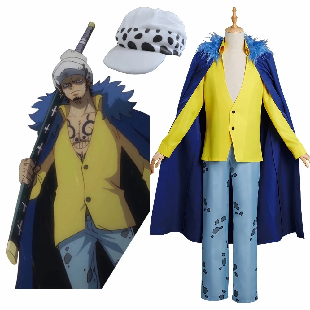 

Anime Cosplay Costume Trafalgar Law Men Cartoon Cap Uniform Halloween Party Coat Death Surgeon Hat Suit