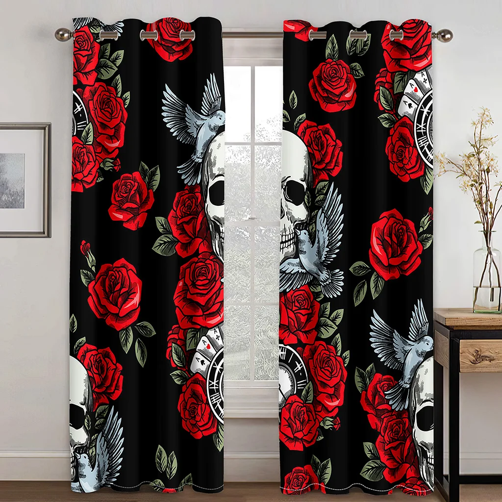 

2023 Cheap Black Red Rose Flower Skeleton Couple 2 Pieces Free Shipping Thin Curtains for Living Room Bedroom Window Drape Decor