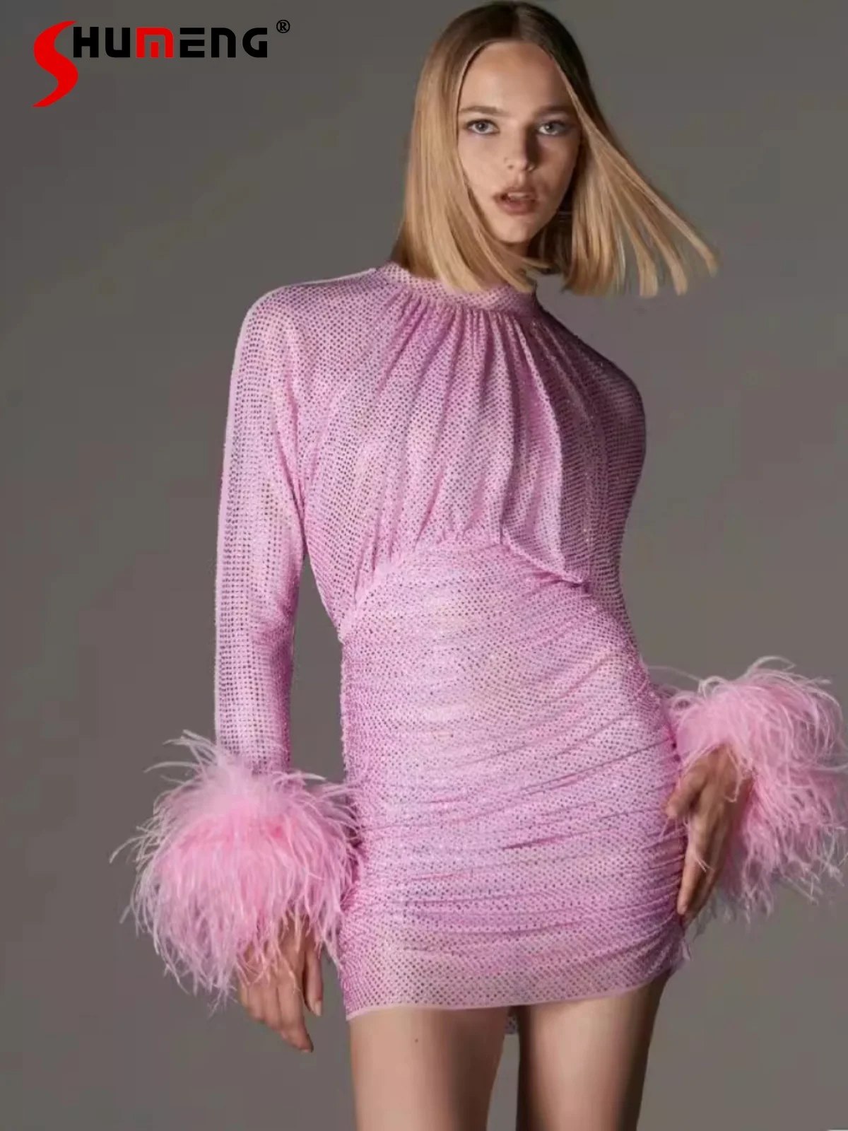 

Fashion 2024 Spring Rhinestone Feather Dress Slim Fit Waist-Tight Pleated Goddess Sheath Dresses Long Sleeve Women's Dress