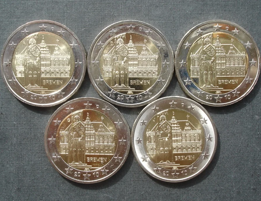 

Germany 2010 Commemorative Coin Bremen City Hall and Warrior Statue Adfgj Mark Five Pieces 2 Euro UNC Brand New