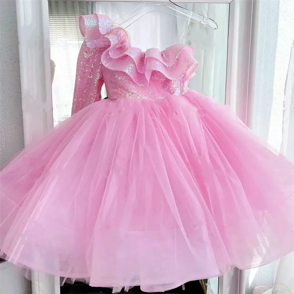 

Pink Flower Girl Dress Puffy Sequined Tulle Princess Beauty Pageant Children Birthday GIFT Party Prom First Communion Gowns