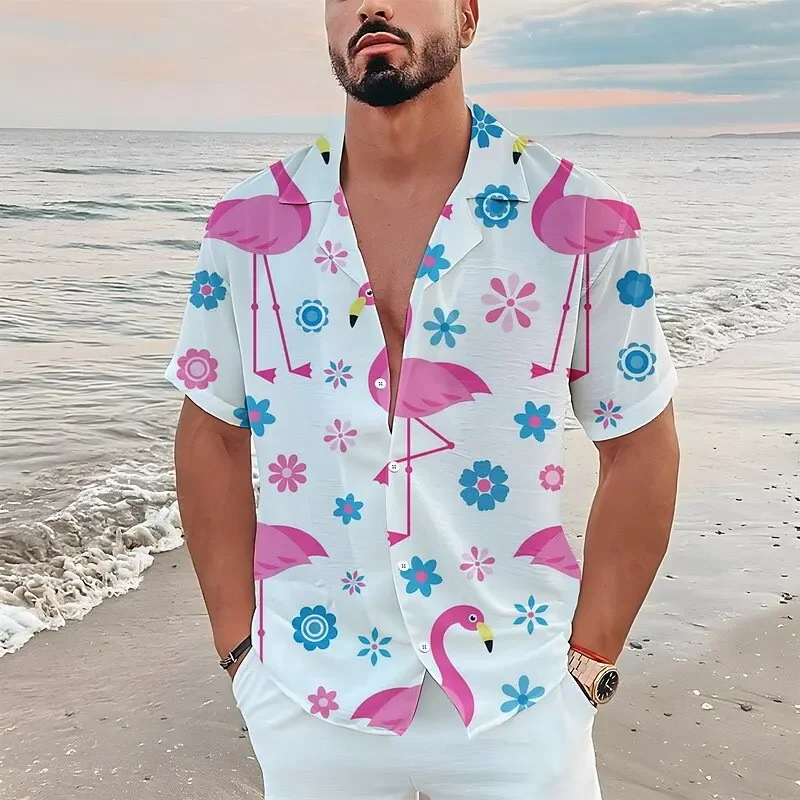 

Men's Shirts Hawaiian Shirt Floral Flamingo Pattern Print Casual Short Sleeve Button Print Clothing Tropical Fashion Street