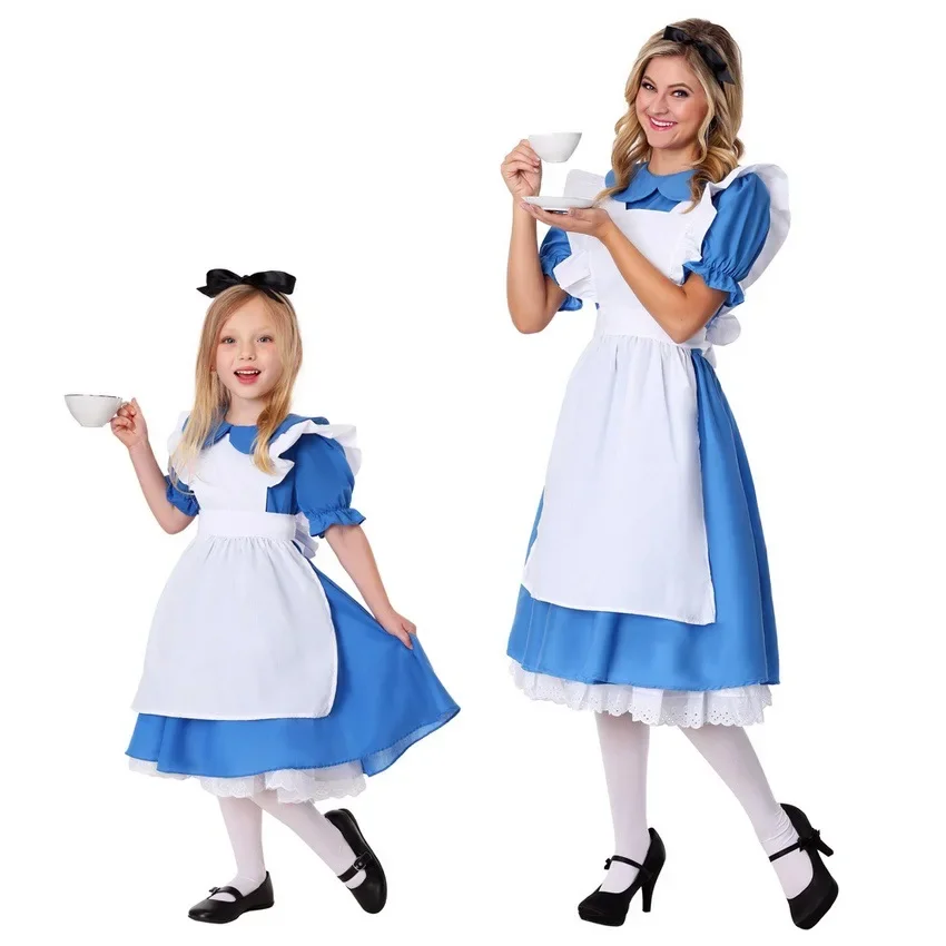 

Детский голубой костюм горничной для девочек, искусственная горничная, Лолита, косплей, для взрослых и женщин, Хэллоуин, нарядное платье принцессы, наряд