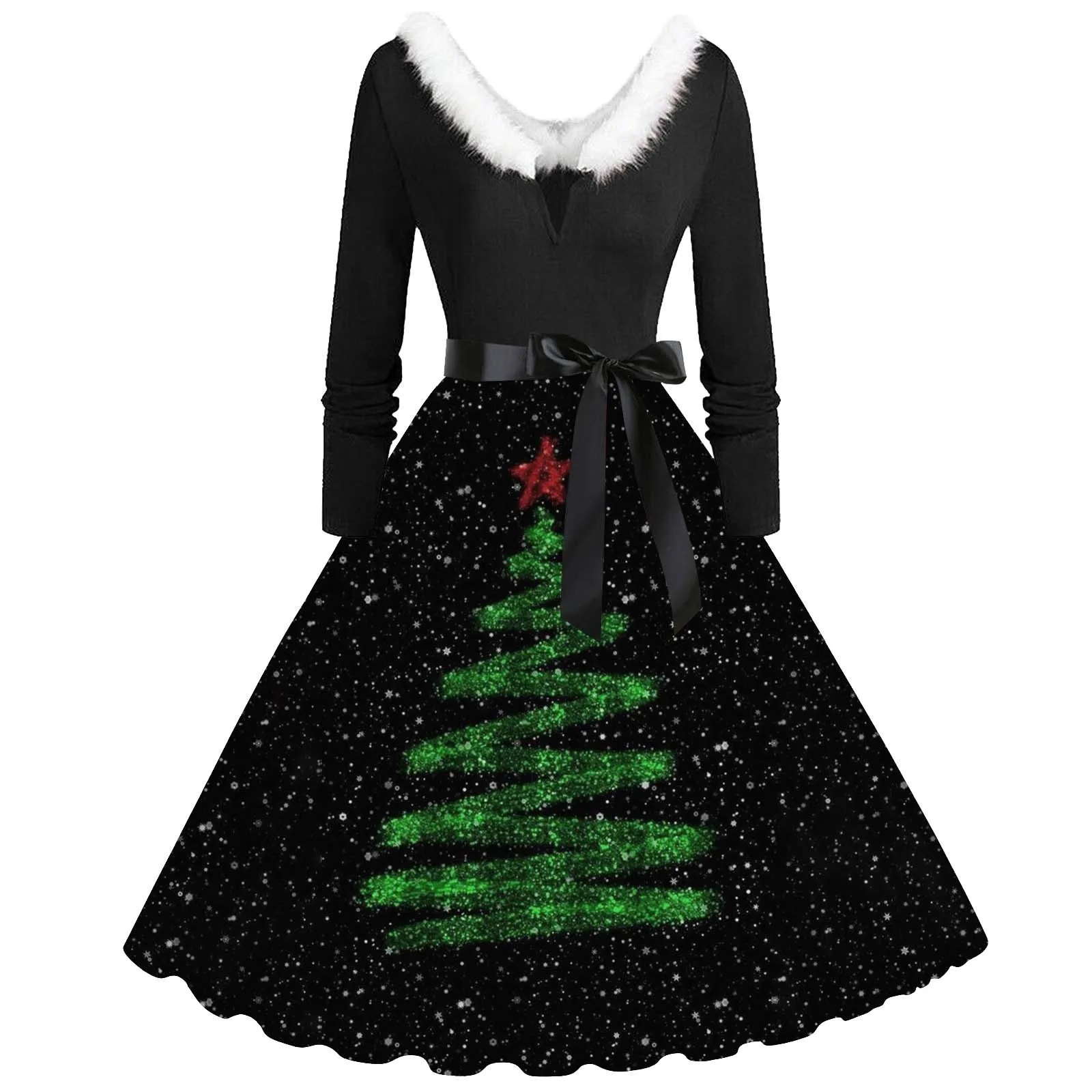 

Christmas Dress Women 50s 60s Vintage Party Furry V Neck Long Sleeve Dress Elegant Robe Swing Pinup Elegant Dress Prom Sundress
