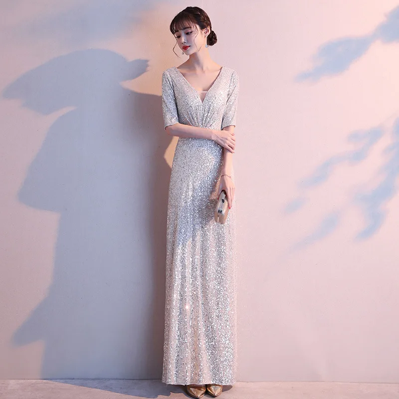 

WYHS-118#Champagne Banquet Evening Dress Female Sequins Socialite Temperament Choral Performance Conductor Host Dress Slimming