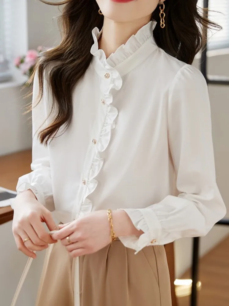 

Женская блузка с деревянными ушками, элегантная Свободная белая блузка во французском стиле с воротником-стойкой и рукавами-фонариками, топы на пуговицах, осень 2023