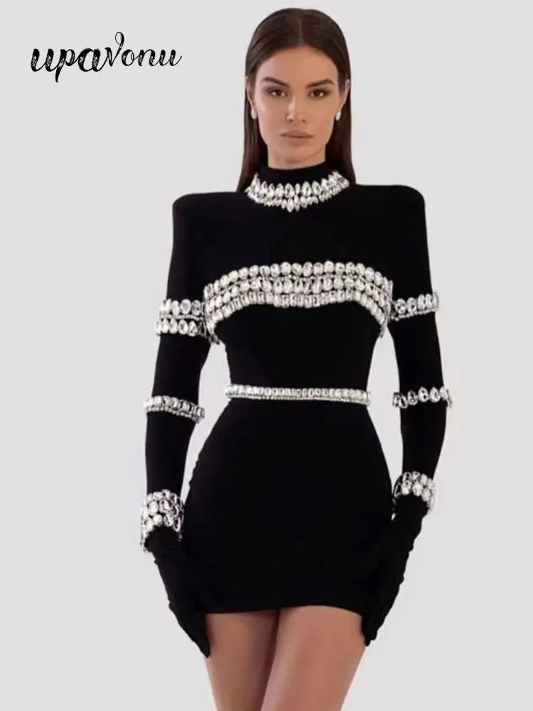 Elegant Beaded Design Bandage Dress Women's Standing Neck Long Sleeve Bodycon Mini Black Dress Celebrity Evening Party Vestidos
Elegant Beaded Design Bandage Dress Women's Standing Neck Long Sleeve Bodycon Mini Black Dress Celebrity Evening Party Vestidos
