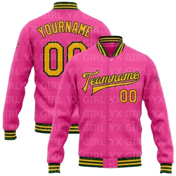커스텀 핑크 골드 그린 봄버, 풀 스냅 대표팀 레터맨 재킷, 3D 프린트 야구 단추 재킷