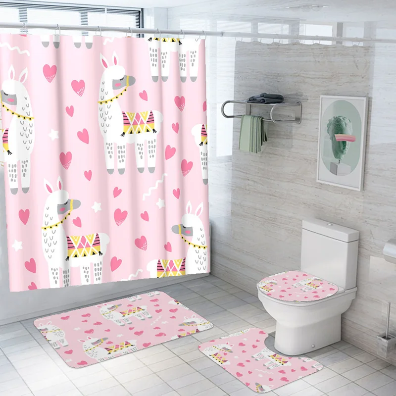 

Cute Cartoon Animals Shower Curtain 3D Print Horse Waterproof Bath Mat Set High Quality Toilet Rugs Rabbit Mildewproof Carpets