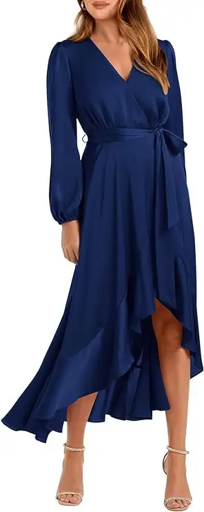 

Women's SpringCasual Long Sleeve Wrap V Neck Maxi Dress Ruffle High Low Wedding Guest Dress 2024