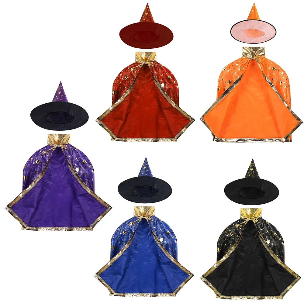 

Kids Halloween Costume Witch Wizard Cloak Cape with Pointed Hat Set Anime Cosplay Party Stars Pattern Girls Boys Magician Outfit