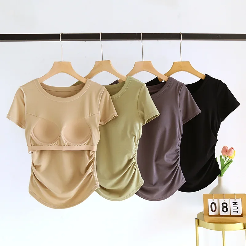

Women's T-Shirts Solid Color Short Sleeve with Padded Bust Wireless Base Layer Tops Slim Ruched Soft Female Outwear