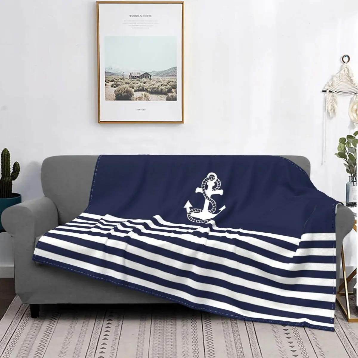 

Nautical Navy Blue Stripes And White Anchor Blankets Flannel Throw Blanket Airplane Travel Printed Soft Warm Bedspread