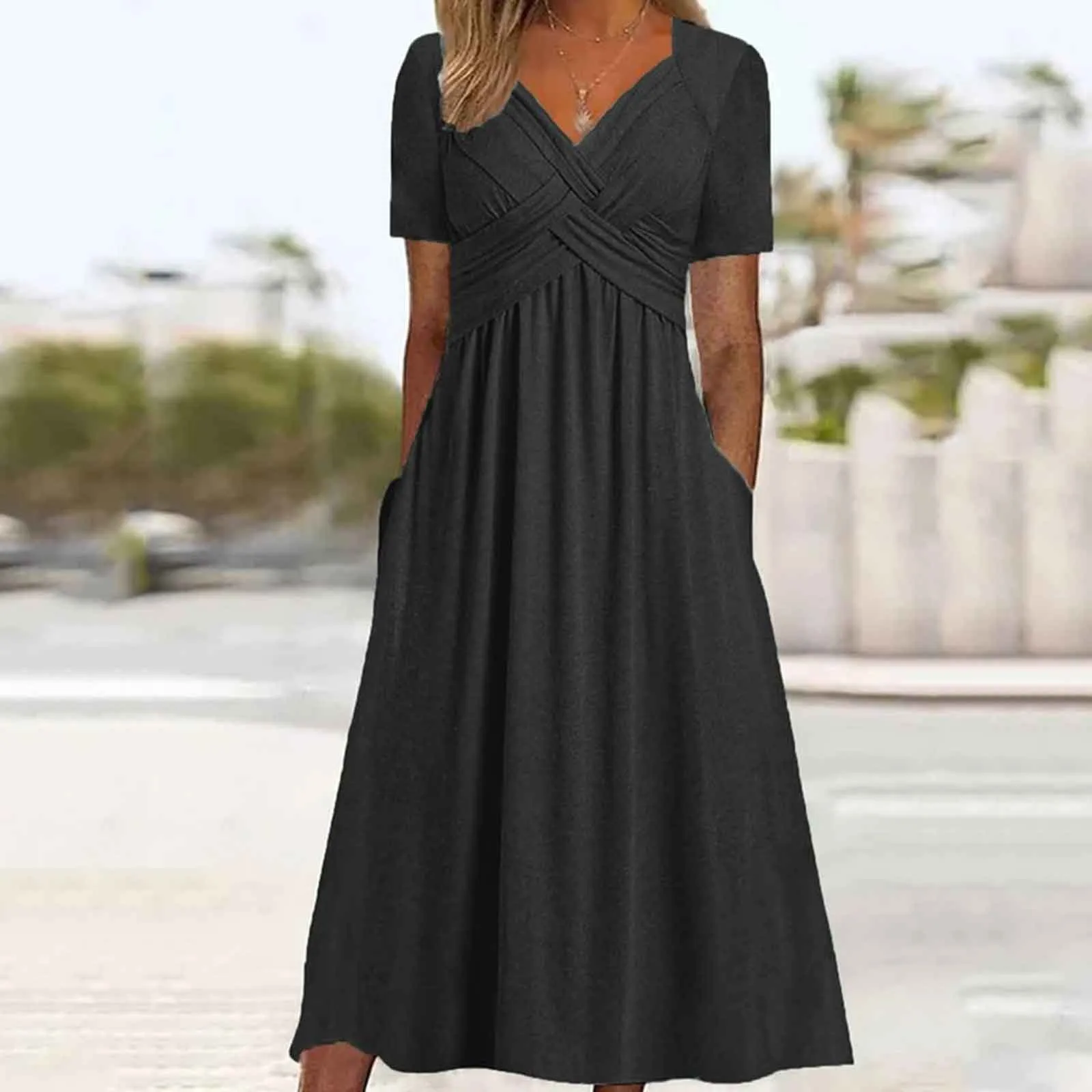 High Waisted Elegant Personalized Dress Pockets V-Neck Solid Color Loose Dresses Women Casual Short Sleeved Pleated Dress
High Waisted Elegant Personalized Dress Pockets V-Neck Solid Color Loose Dresses Women Casual Short Sleeved Pleated Dress