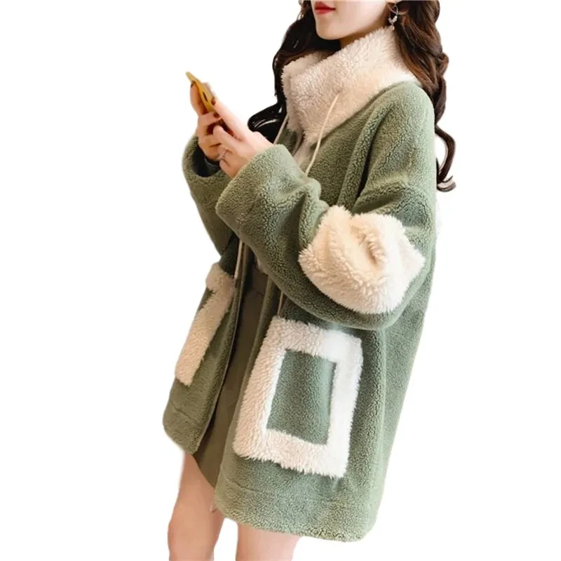

Женское шерстяное пальто средней длины, утепленная куртка из искусственной овечьей шерсти на молнии с карманами, Осень-зима 2023