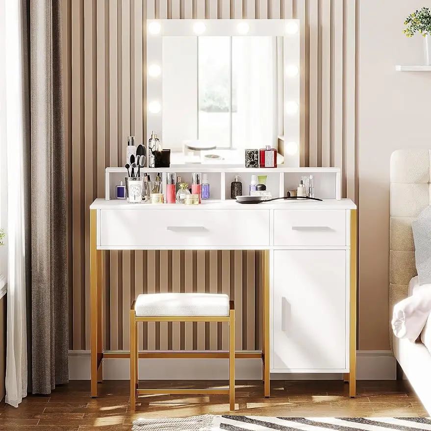 Vanity Table Set with Lighted Mirror, Makeup Vanity Desk with Storage Cabinet and Drawers,Cushioned Stool, Adjustable Brightness
Vanity Table Set with Lighted Mirror, Makeup Vanity Desk with Storage Cabinet and Drawers,Cushioned Stool, Adjustable Brightness