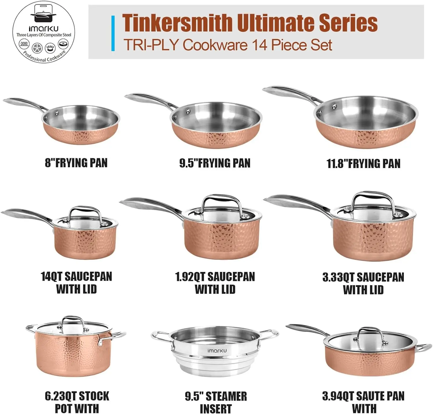 

imarku Stainless Steel Pots and Pans Set, 14PCS Kitchen Cookware Sets with Lids, Non-Toxic Tri-Ply Clad Hammered Stainless Steel