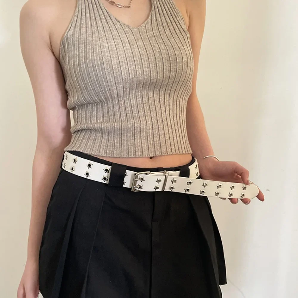 

Ремень Y2k в стиле панк для женщин, регулируемый черный пояс в стиле хип-хоп, с металлической пряжкой, с двумя звездами и люверсами, кожаный пояс для джинсов и юбки