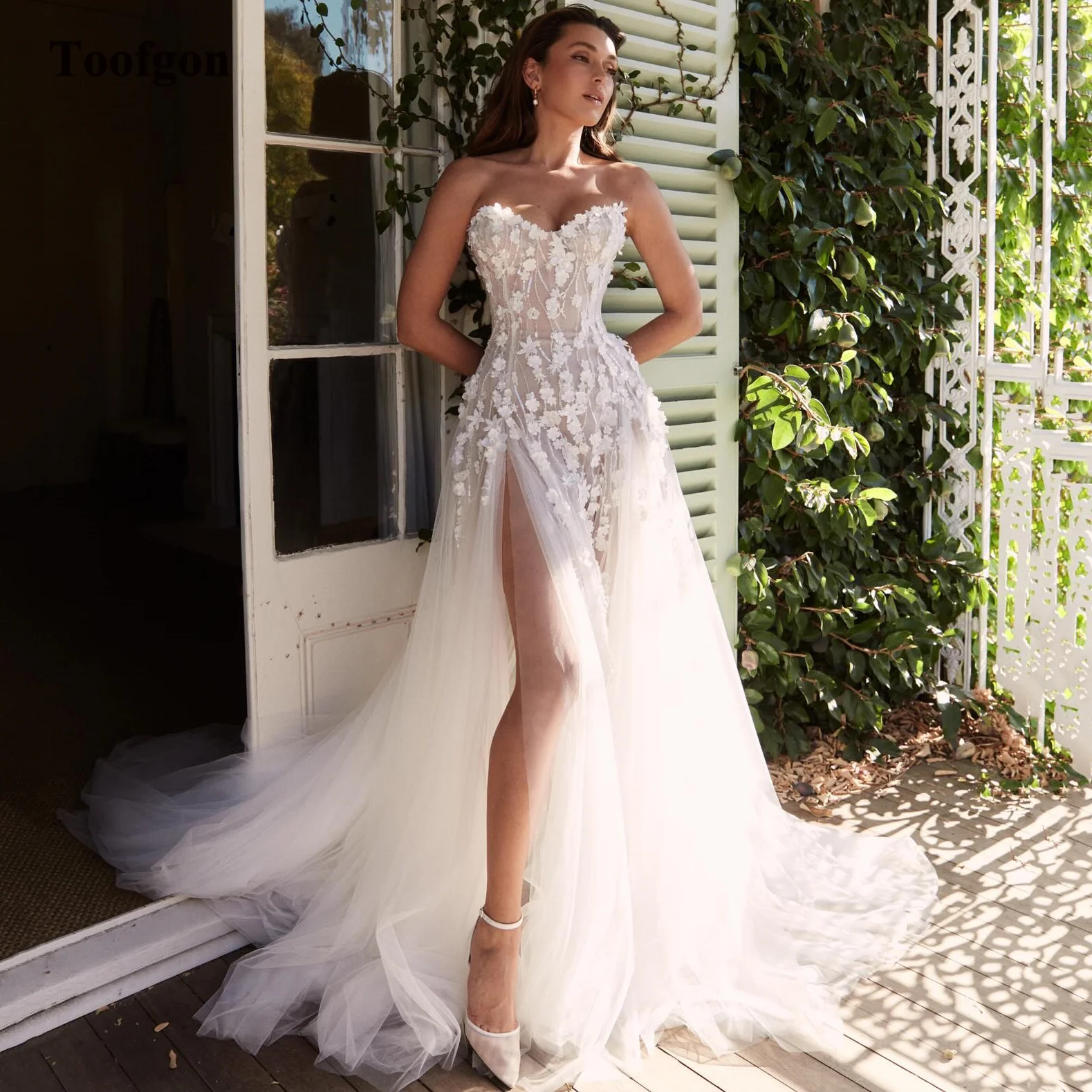 

Toofgon Noble Flowers Beach Bride Dresses For Wedding Party Sweetheart Appliques Lace Sexy High Slit Princess Bridal Gowns 2024