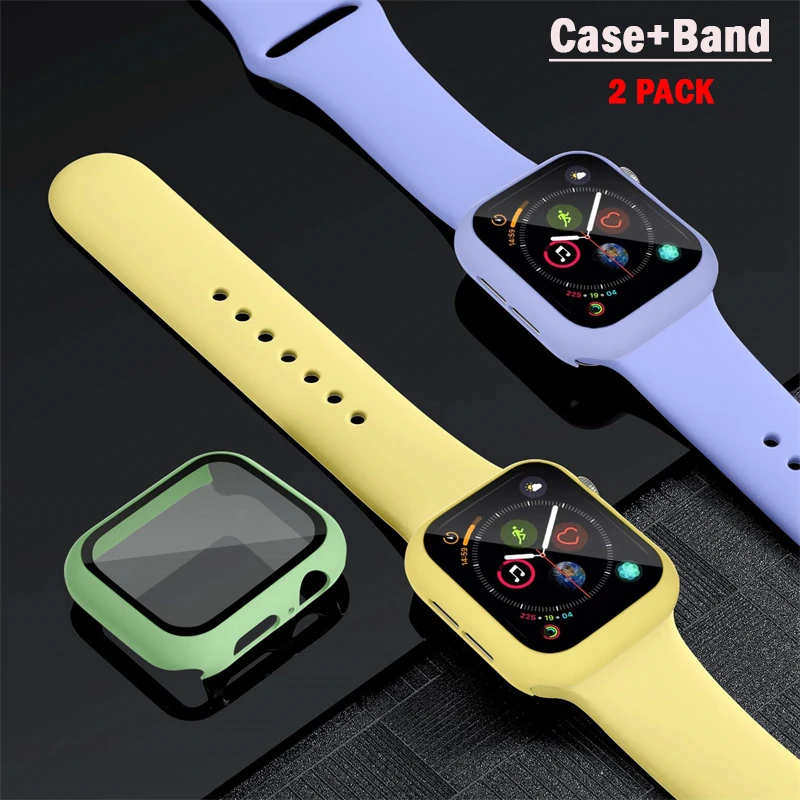 

Glass+Case+Strap For Apple Watch band 44mm 40mm 45mm 41mm 38mm 42mm Silicone watchbands bracelet iWatch series 8 9 7 6 5 4 3 SE