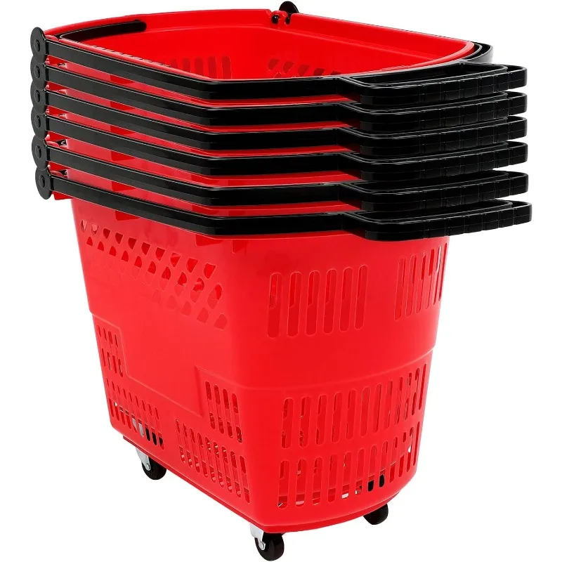 

OLenyer Red Shopping Carts 6PCS 35L with Wheels and Handle, Portable Shopping Baskets Set Red Shopping Basket Plastic Rolling