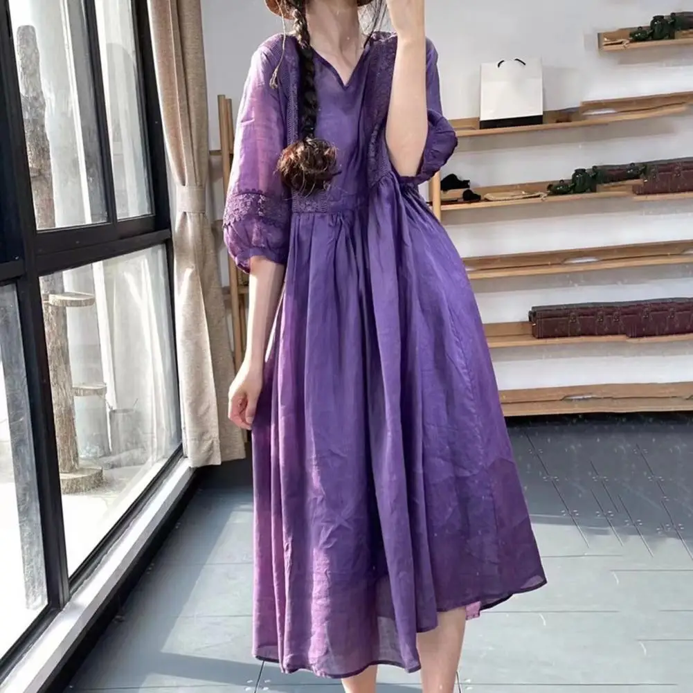 

Women Midi Dress V neck Lace Patchwork Solid Color Bubble Sleeve Loose Pleated Soft Half Sleeve Big Hem Lady Dating Prom Dess