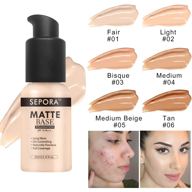 

30ml 6 Colors Matte Liquid Foundation Base Make Up Oil Control Full Coverage Cream Natural Concealer Cosmetics Maquillaje Makeup