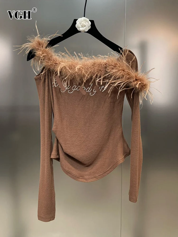 VGH Solid Patchwork Feather Casual T Shirts For Women Slash Neck Long Sleeve Off Shoulder Minimalist T Shirt Female Fashion New
VGH Solid Patchwork Feather Casual T Shirts For Women Slash Neck Long Sleeve Off Shoulder Minimalist T Shirt Female Fashion New