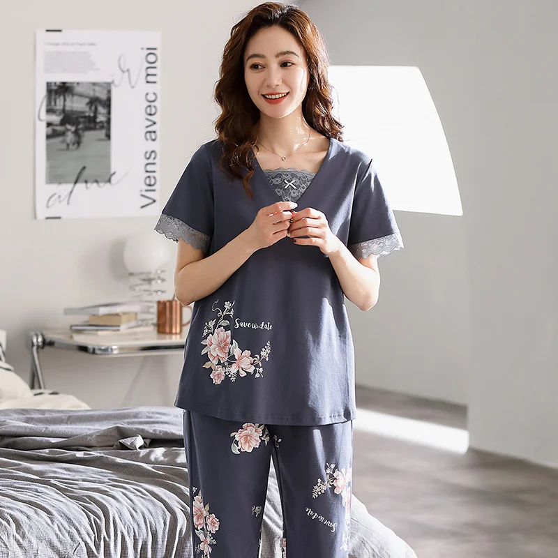 Summer Cotton Pajamas Set Women Pyjamas Sleepwear Loose Short Sleeve Pijama Mujer Home Clothes Long Pants Floral Night suit 2pcs
Summer Cotton Pajamas Set Women Pyjamas Sleepwear Loose Short Sleeve Pijama Mujer Home Clothes Long Pants Floral Night suit 2pcs