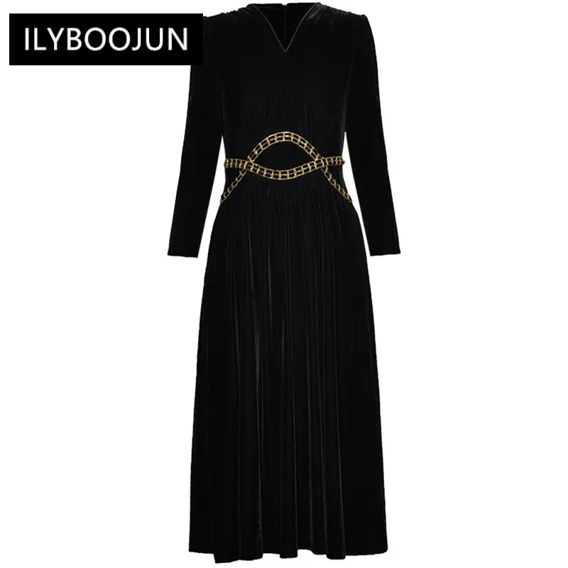 Designer Black Vintage Velvet Dress Women's V Neck Long Sleeve High Waist Chain A-LINE Slim Midi Dresses For Women 2023 Luxury
Designer Black Vintage Velvet Dress Women's V Neck Long Sleeve High Waist Chain A-LINE Slim Midi Dresses For Women 2023 Luxury