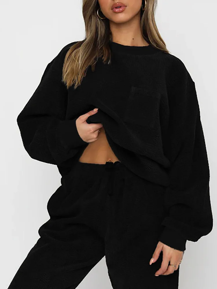 Drawstring Casual Pants Women Autumn Winter Set Female O Neck Tops And Pants Solid Outfit Corduroy Pocket Trousers Two Piece Set
Drawstring Casual Pants Women Autumn Winter Set Female O Neck Tops And Pants Solid Outfit Corduroy Pocket Trousers Two Piece Set